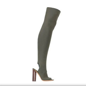 Yeezy Season 2 Thigh High Open Toe Sock High Heeled Boots Olive Green Size 37